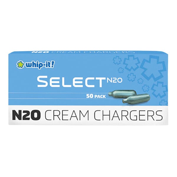 A blue rectangle box with white text and a white and blue logo for Whip-It Select N20 Chargers.