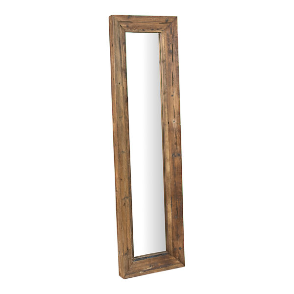 A long rectangular Kalalou mirror with a repurposed wood frame.