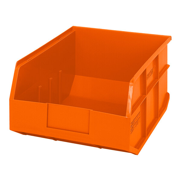 An orange plastic Quantum shelf bin.