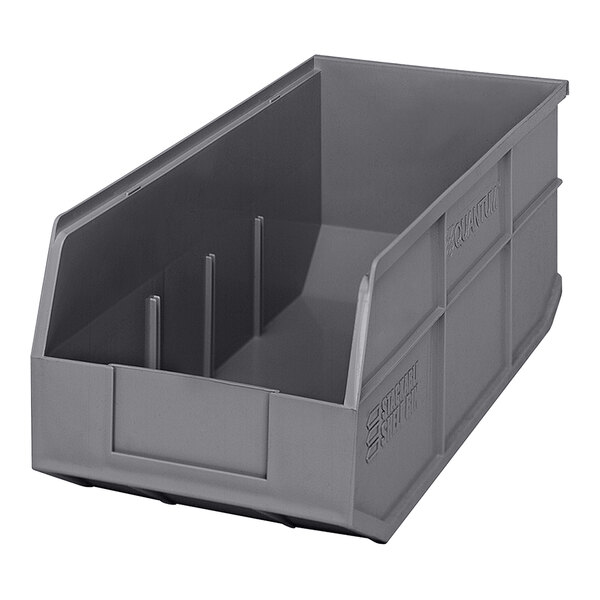 A gray Quantum stackable shelf bin with two compartments.