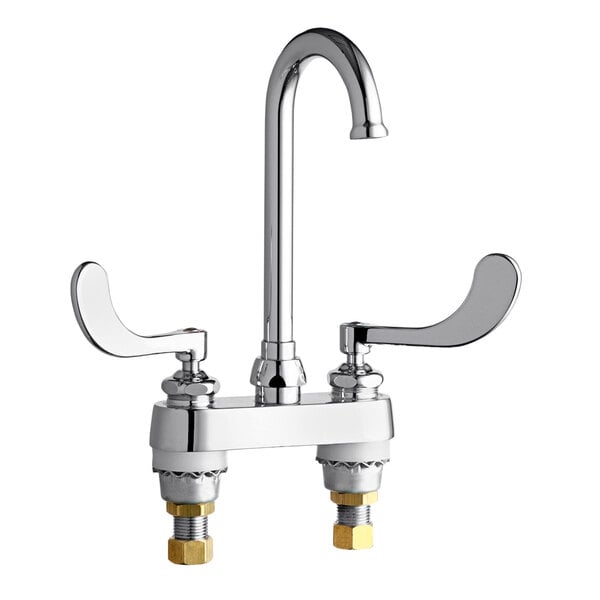 A chrome Chicago Faucets deck-mounted faucet with two handles.