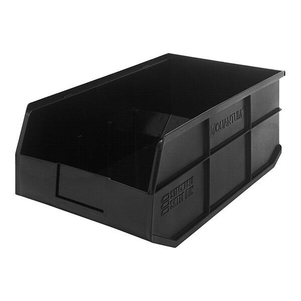 A Quantum black plastic stackable shelf bin.