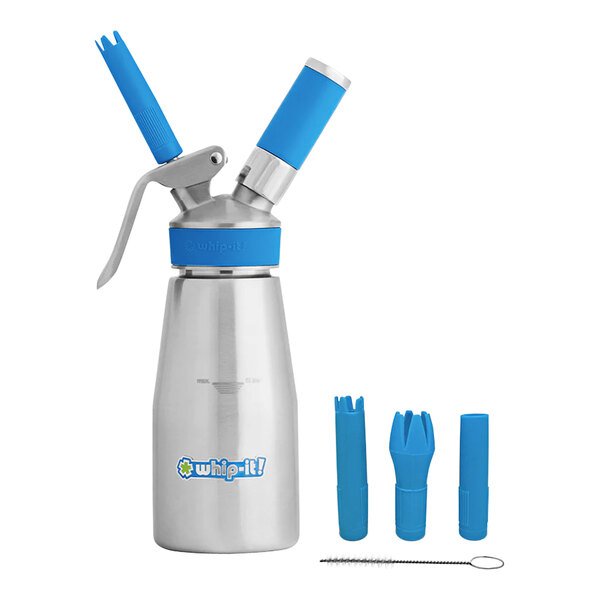 A stainless steel Whip-It cream whipper with blue accents.