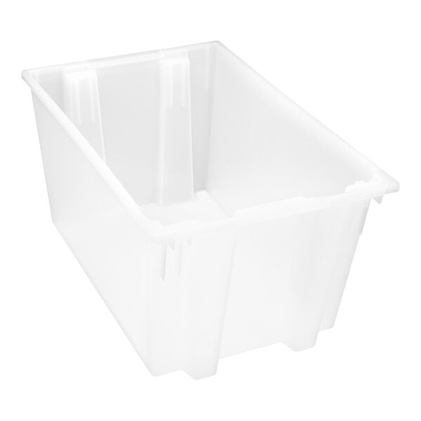 A clear plastic Quantum stack and nest tote with black handles.