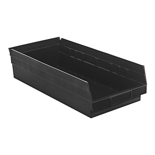 A black plastic Quantum conductive shelf bin.