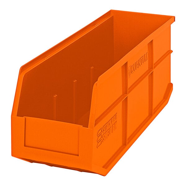 An orange Quantum stackable shelf bin.