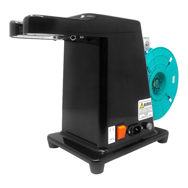 A black Tach-It tabletop twist tie machine with a blue reel.