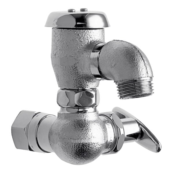 A Chicago Faucets inside sill fitting with rough chrome finish and a screw.