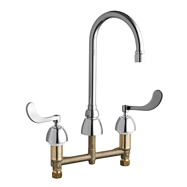 A chrome Chicago Faucets deck-mounted faucet with two handles and a gooseneck spout.