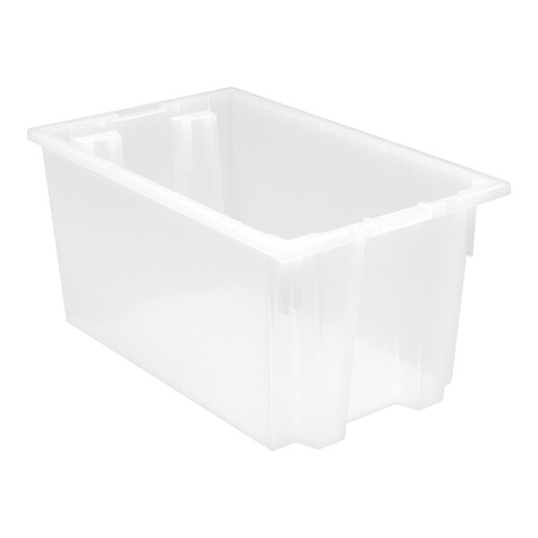 A clear plastic Quantum stack and nest tote.