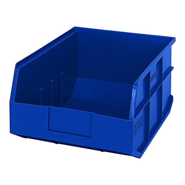 A blue Quantum stackable shelf bin with a lid.