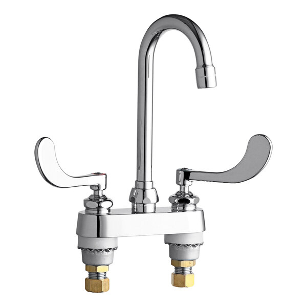 A chrome Chicago Faucets deck-mounted faucet with two handles.