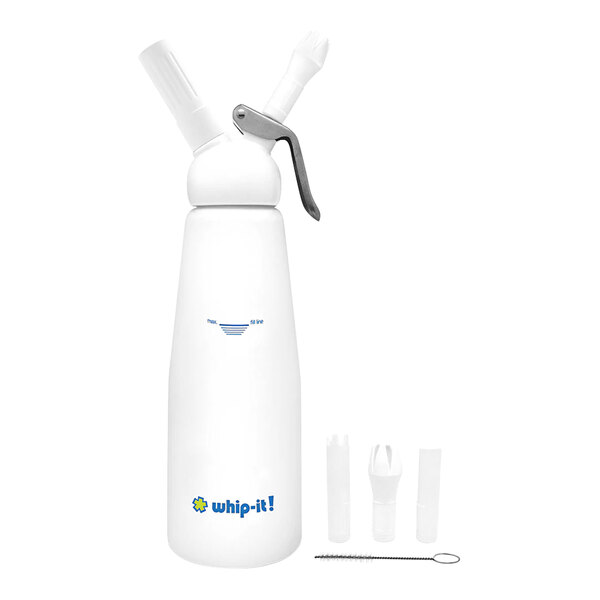 A close-up of a white Whip-It bottle with a black handle.