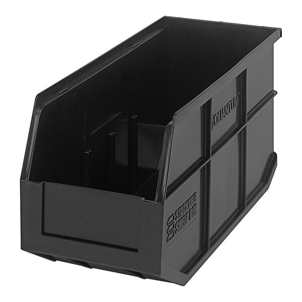 A black plastic Quantum stackable shelf bin with two compartments.