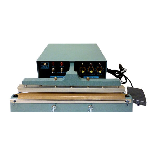 A close-up of a Tach-It tabletop bag sealer with a blue cover and black metal bar.