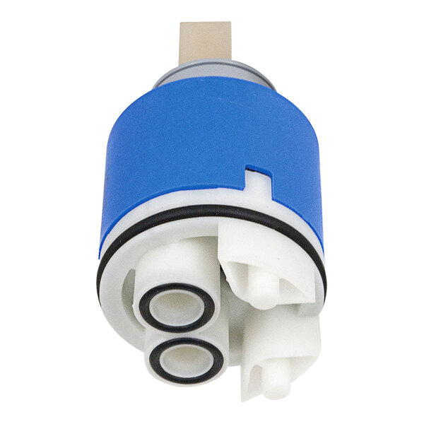 A blue and white Chicago Faucets ceramic water valve cartridge.