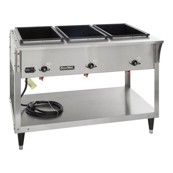 A stainless steel electric three-pan hot food table with sealed wells and an open lower shelf.