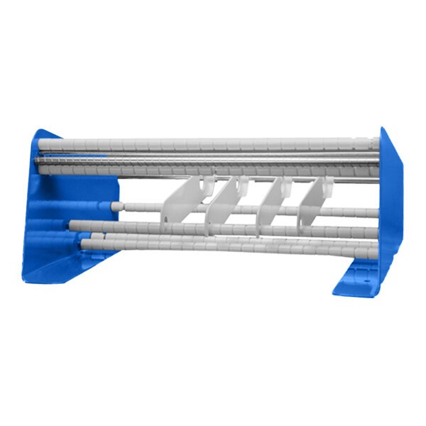 A blue and white Tach-It label dispenser with metal rods.
