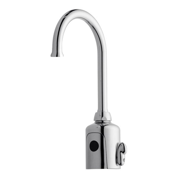 A Chicago Faucets touchless faucet with a single-hole gooseneck spout.