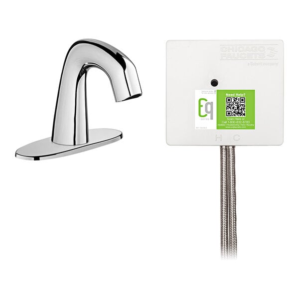 A Chicago Faucets touchless faucet with a green and white label on it.