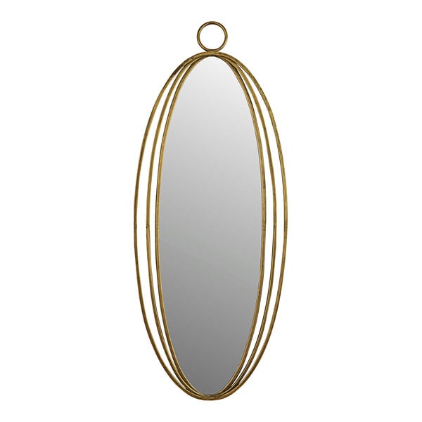 An oval gold metal mirror with a circular design on the frame.