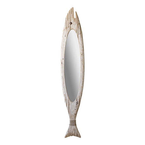 A white rectangular mirror with a wooden fish frame.