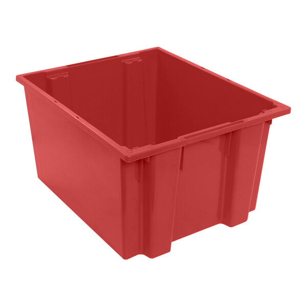 A red plastic Quantum stack and nest tote.