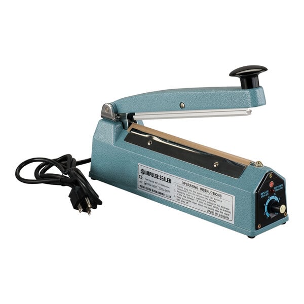 A blue Tach-It tabletop impulse sealer with a black handle.