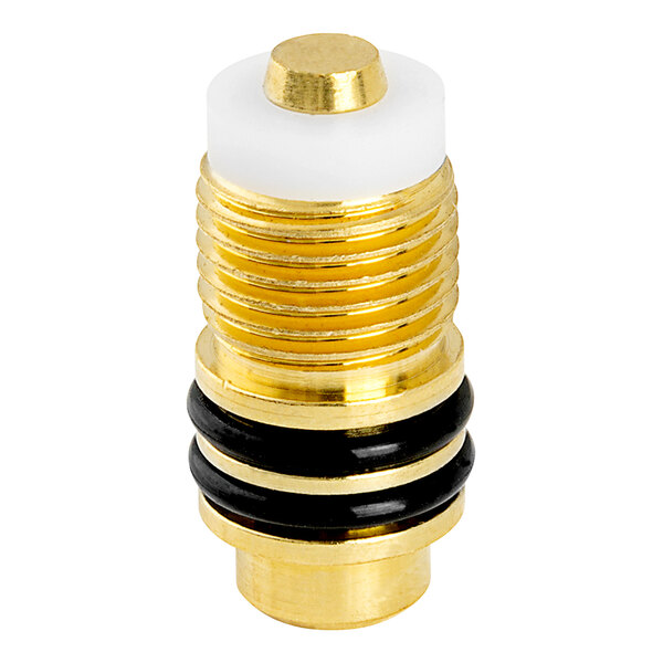 A gold and black metal bolt with white and black caps on a white background.