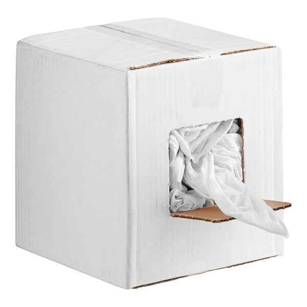 A white box with a white bag of Monarch Brands white t-shirt rags inside.