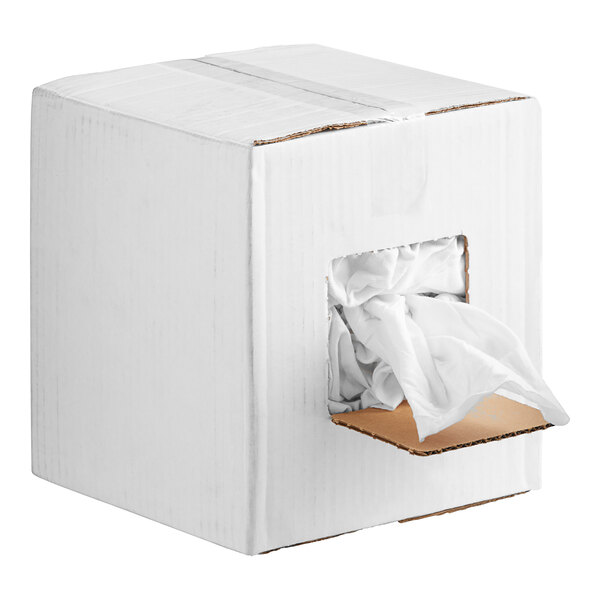 A white box with a hole in it containing a white bag of Monarch Brands white T-shirt rags.
