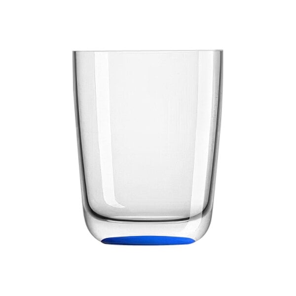 A clear Palm Marc Newson Tritan plastic highball glass with a blue rim.