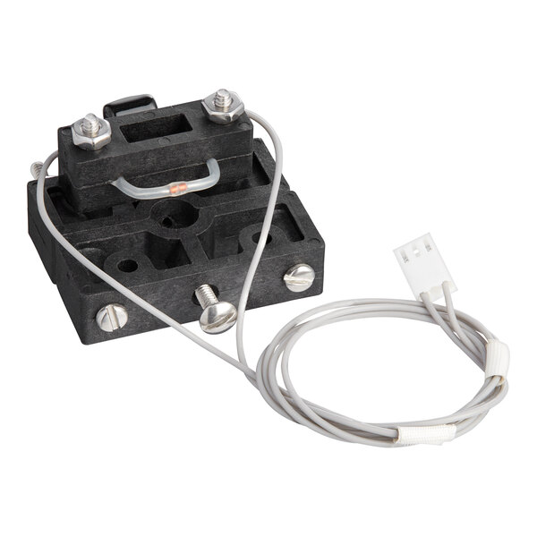 A black Bunn thermistor assembly with white wires.