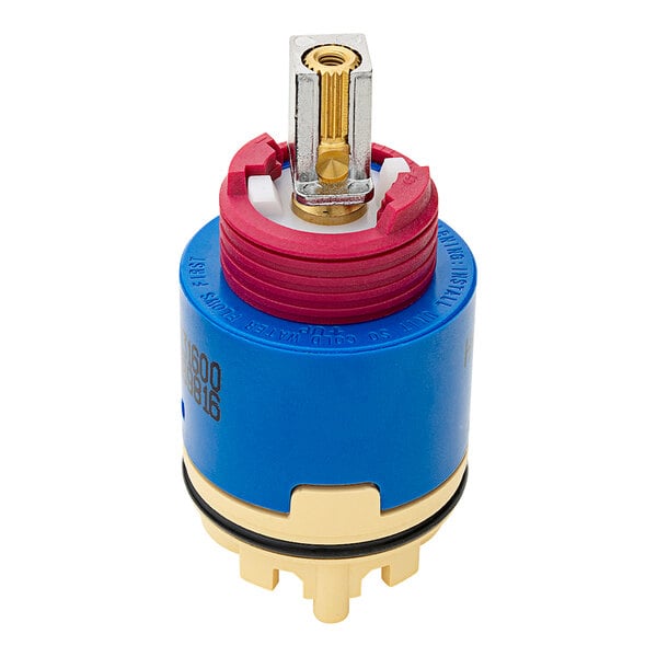 A close-up of a blue and red Zurn pressure balancing cartridge.