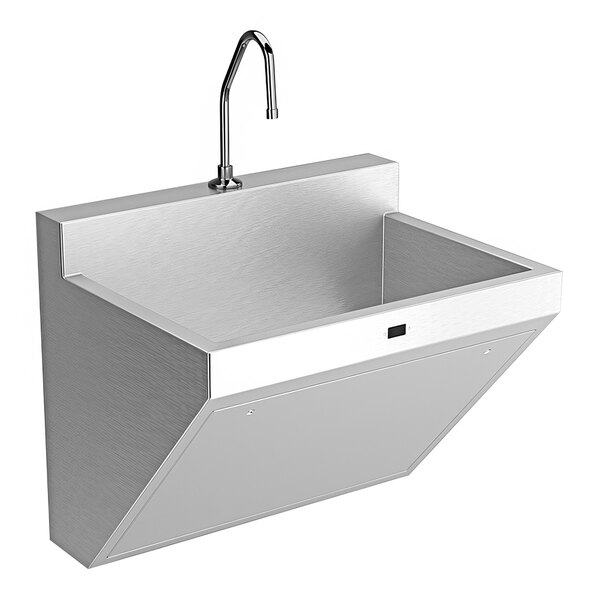 A stainless steel Sloan wall-mounted scrub sink with a silver Optima faucet.