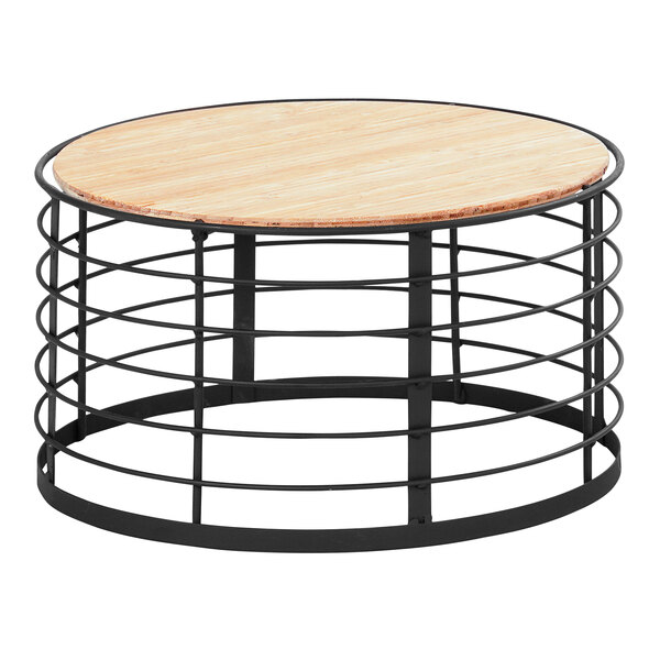 A round black metal and wood display riser.