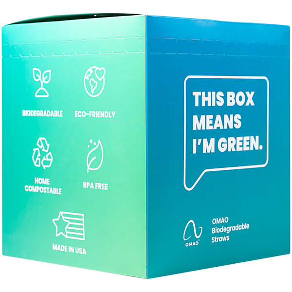 A blue box with white text that says "OMAO Giant 7 3/4" Wrapped PHA Straw - 500/Box"