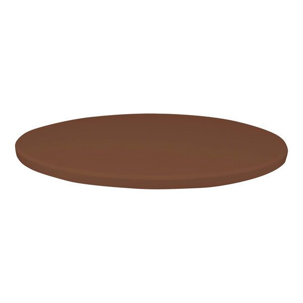 A brown round table top on a white background.