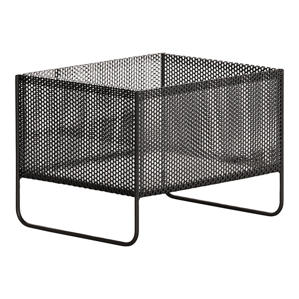 A black metal wire mesh ice housing basket with a handle.