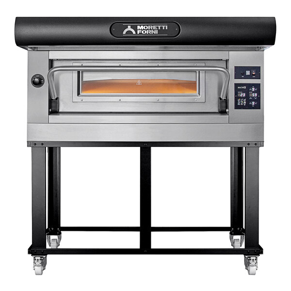 A black and silver Moretti Forni Amalfi D C18 electric single deck oven on wheels.