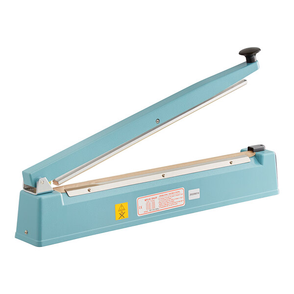 An Omcan blue and silver machine with a black handle.