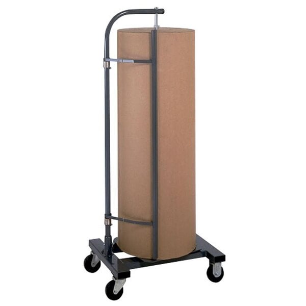 A large cardboard roll on a black Bulman paper cutter cart.