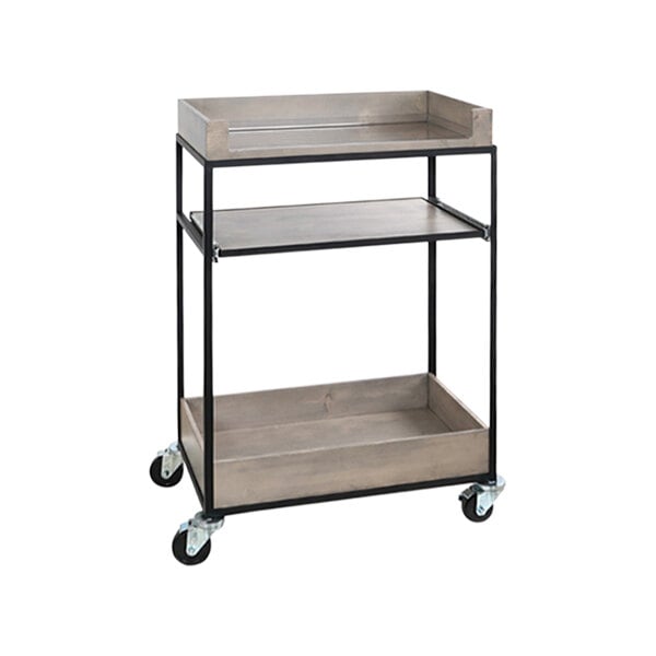 A gray-washed wood Cal-Mil beverage cart with three shelves.