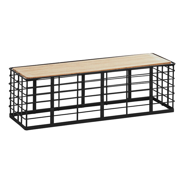 A Cal-Mil black metal and reclaimed bamboo display riser on a table.