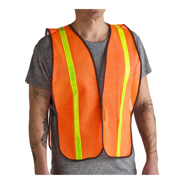 An orange high visibility mesh safety vest with 1-inch reflective tape worn over a gray t-shirt.