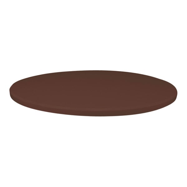 A close up of a Perfect Tables 30" round brown table top.