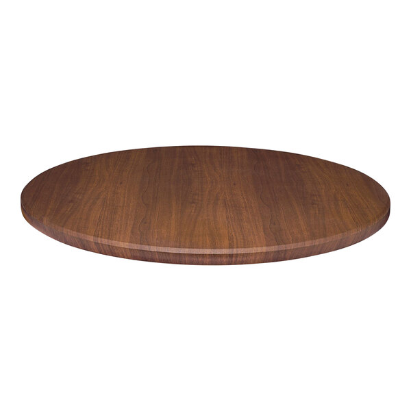 A Perfect Tables 36" round outdoor dark walnut woodgrain table top.