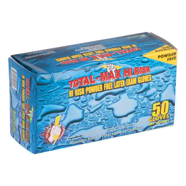 A blue and white box of High Risk Latex Exam Gloves with 500 gloves inside.