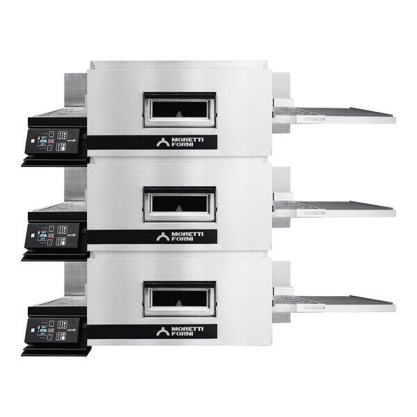 A stack of three white Moretti Forni conveyor ovens.