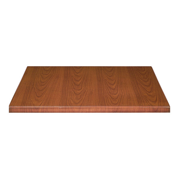 A close-up of a 36" x 36" cherry woodgrain table top.